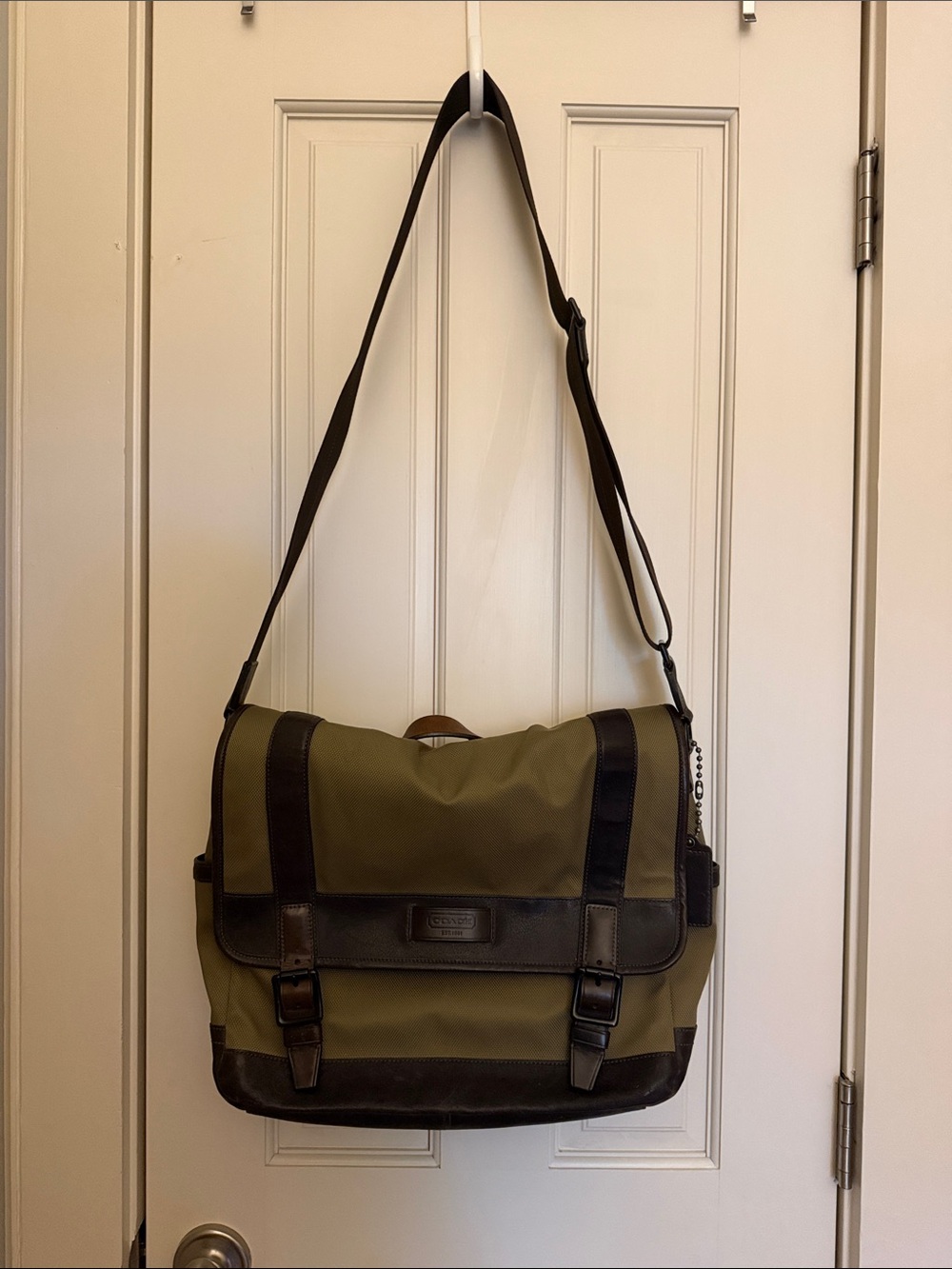 Coach Olive Green Canvas Messenger Bag with Brown Trim